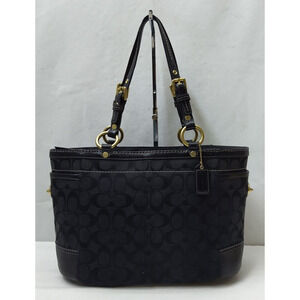 Coach Signature Black Canvas Turnlock Pocket Zipper Tote Shoulder Bag